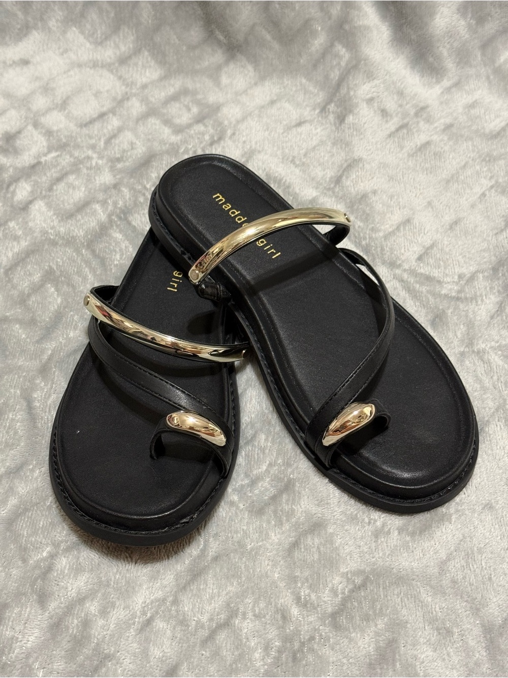 Madden Girl Black Slide Sandals with Gold Hardware